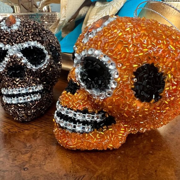 Beaded Intricate Brown or Orange Skull Ornament Halloween, Christmas Decoration - Picture 5 of 9